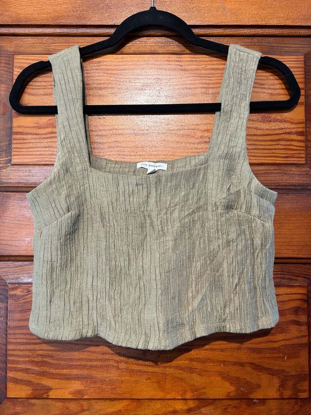 Blu Pepper Sage Green Crinkled Texture Square Neck Crop Tank Top